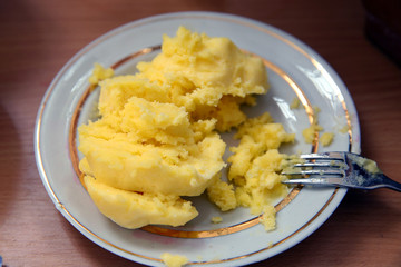 potato puree, mashed potato . Fresh homemade creamy mashed potato in plate .
