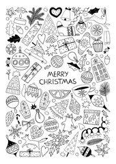 Winter time hand-drawing graphic illustrations on isolate white background. Christmas illustrations and doodle hygge elements. Christmas coloring book