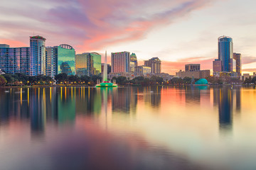 Orlando, Florida, USA downtown city skyline from Eola Park