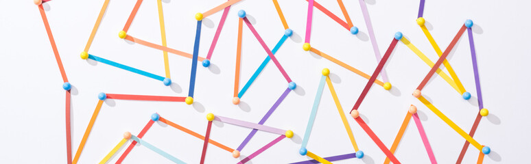top view of multicolored abstract connected lines with pins, connection and communication concept