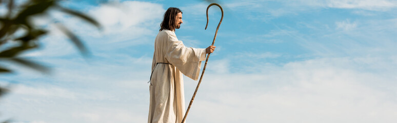 panoramic shot of man holding wooden cane in desert