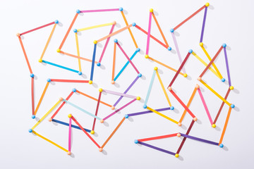 top view of multicolored abstract connected lines with pins, connection and communication concept