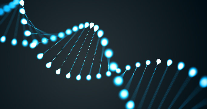 DNA helix spiral, gene chromosome molecule, genetic cell 3D blue light loop on black background. DNA molecule for molecular genetic science, human genome biotechnology and medicine research