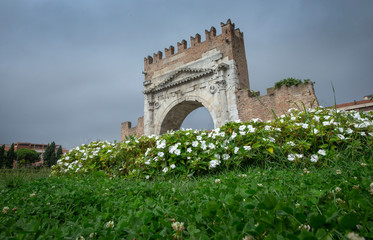 Fototapeta na wymiar Rimini Italy. Emilia Romagna. Old town. City wall entrance. Gate.