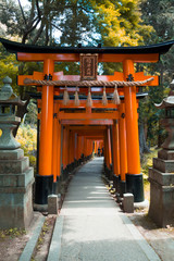 The beautiful historic Fushimi Inari-taisha gates in Kyoto, Japan. The sign reads "Inari Okami", the Japanese god for which the gates are built. On the gates reads "Tatematsu" meaning "Devotion".