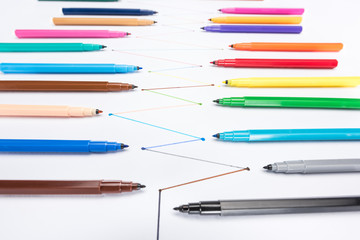 Fototapeta premium selective focus of felt-tip pens on white background with connected drawn lines, connection and communication concept