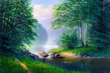Oil painting landscape , beautiful river.