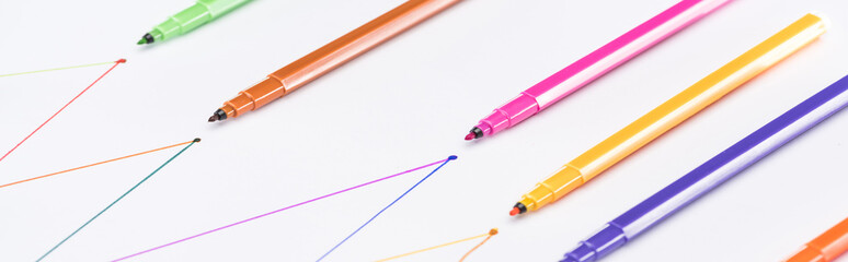 panoramic shot of colorful felt-tip pens on white background with connected drawn lines, connection and communication concept