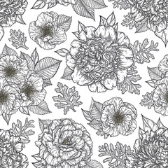 Seamless pattern with roses and peonies flower bouquet hand drawn in lines. Black and white monochrome graphic doodle elements. Isolated vector illustration, template for design