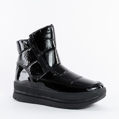 womens winter low ankle boots made of black patent leather on a white background