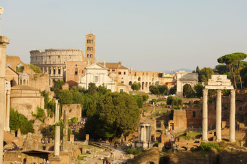 Fototapeta na wymiar Panoramic view of Ancient Rome ruins. Cityscape skyline of landmarks of Rome famous travel destinations of Italy.