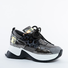 Fashionable gray womens jaguar print sneakers.