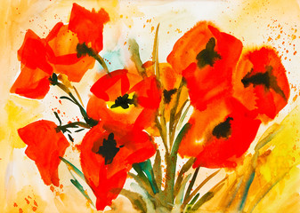 Watercolor painting: Bunch of red poppies