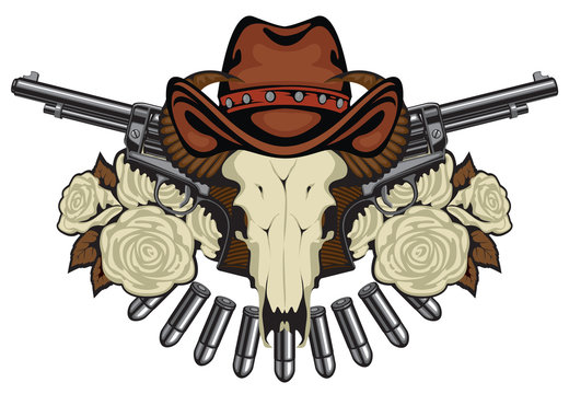 Vector banner or emblem with skull of bull in brown hat, two old revolvers, bullets and white roses. Banner on the theme of death, firearms and pistols. Template for clothing, t-shirt design, tattoo