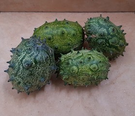 kiwano or horned melon, spiked melon, also African horned cucumber or melon, jelly melon, hedged gourd, melano