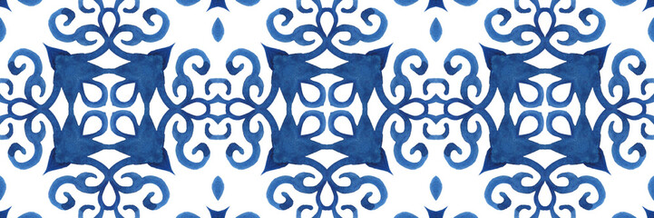 Antique portuguese tiles. Blue Azulejos ceramic. Spanish pottery..Sicily italian majolica. Vintage ethnic background . Mediterranean watercolor seamless wallpaper. Moroccan ornaments in indigo color