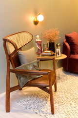 table and chair in living room, carpet for the room, solid wood chair with modern design, modern wooden chair