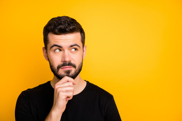 Close up photo of focused minded guy think thoughts black friday touch chin hands look copyspace...