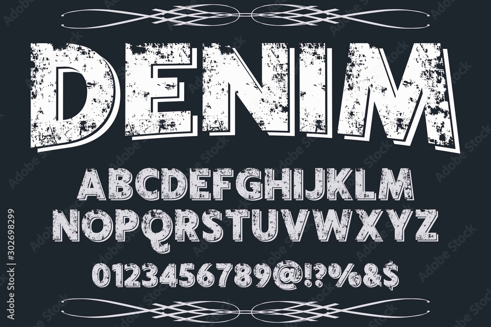 Aufkleber abc font alphabet script typeface handcrafted handwritten vector label design denim
