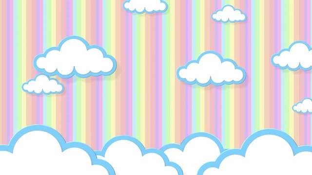 Blue sky full of clouds moving right to left. Cartoon sky animated gradient rainbow background. Flat animation. 4k