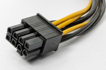 Power supply 8 pin cable close up. PSU cable cord. Video card power supply cable. Isolated on white.