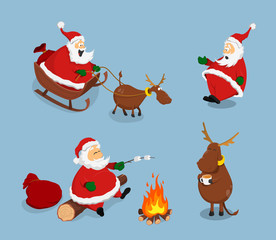 Santa Claus and deer in cartoon style. Isolated image of christmas characters. New Year's scene
