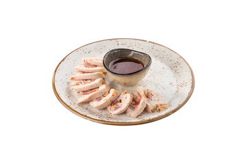 assorted chicken meatloaf roll stuffed with bacon and sweey chili sauce isolated on white background