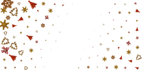 Xmas Balls. Gold Christmas decoration isolated on white. New Years Party background. Flat lay design. Copy Space