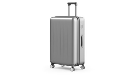 Silver plastic suitcase on wheels isolated on white