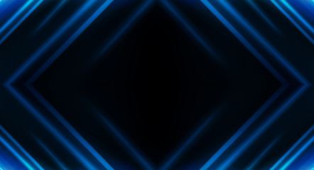 Empty show scene background. Reflection of a dark street on wet asphalt. Rays blue neon light in the dark, neon shapes, smoke. Abstract dark background.