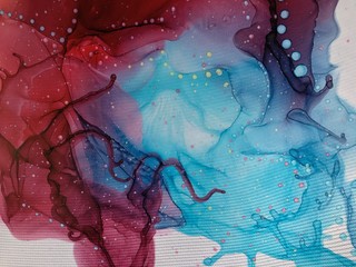 Red, Orange, Blue Ink Abstract Art Painting with White Background and Ink Splatters