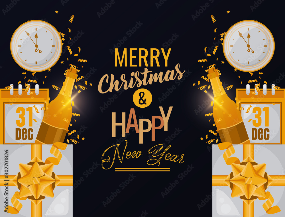 Canvas Prints happy new year card with gifts and clock