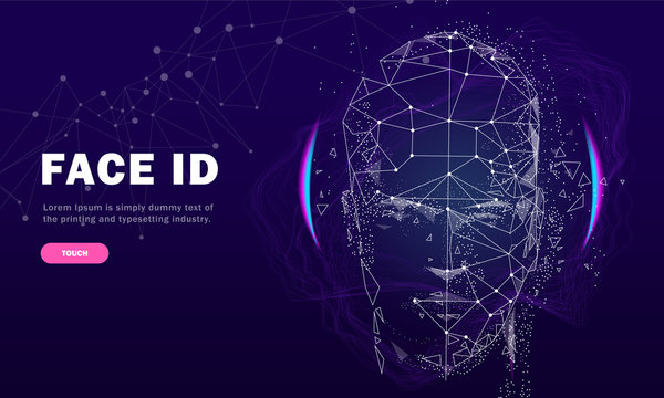 Face id technology. Trendy Innovations face systems.  Innovations systems identifications and development computers software industry. Poligon personal encryption protection.
