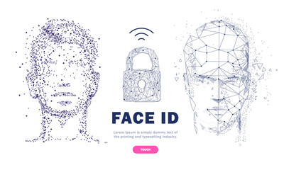 Face id technology. Trendy Innovations face systems.  Innovations systems identifications and development computers software industry. Poligon personal encryption protection.