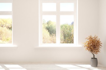 White stylish empty room with autumn landscape in window. Scandinavian interior design. 3D illustration