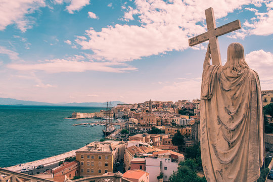 Christ statue overlooking the beautiful coastal town of Gaeta, Italy