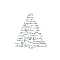 Fototapeta premium Background with Christmas and New Year holidays calligraphy. Modern Christmas tree consisting of phrases and words. Holiday tree for using in banner, poster, greeting card or print on textile