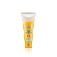 Sunscreen gel or cream for skin protection and UVA/UVB rays blocking, isolated on white background. Ready for branding, packaging and advertising design. High quality realistic vector illustration.