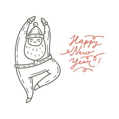 Vector illustration of dancing Santa Claus. Cute handdrawn doodle style. Christmas concept for card, banner, poster, flyer, web and any design. Lettering «Happy new year»