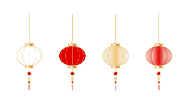 Traditional chinese holiday lanterns. Asian lanterns hanging. Isolated set. vector illustrations