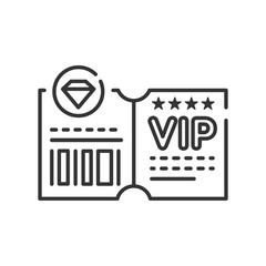 VIP ticket line black icon. Customer privilege web exclusive badge. Premium card for concert, cinema, movie, party, event, dance, festival Button for web or mobile app.