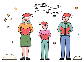 People singing carols on christmas vector. Family wearing santa hats holding sheet notes. Musical performance of man and woman with kid. Parents and child on xmas celebration chorus of characters