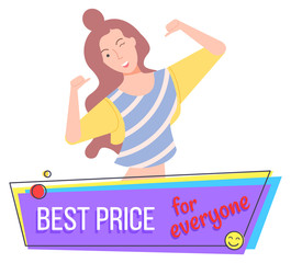 Cheerful personage, isolated female character winking and pointing on herself. Proposition of shop, reduction of price, sale and discount store. Happy woman on black friday sale. Vector in flat style