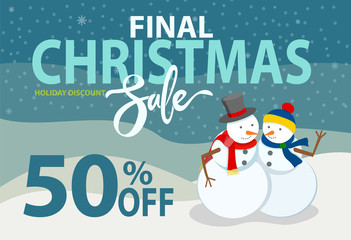 Final Christmas sale, promotional banner with announcement of 50 percent off. Snowman couple, sculptures made of snow, male and female figures. Discounts and offers for shoppers flat style vector