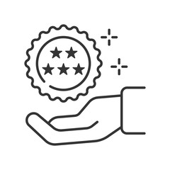 Vip service line black icon. Hand holding emblem five stars. Sign for web page, mobile app, button, logo. Vector isolated button. Editable stroke.