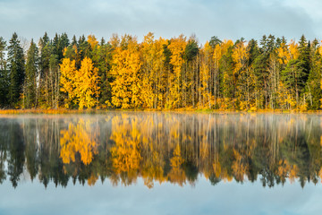 Obraz premium Beautiful autumn landscape of Kymijoki river waters. Finland, Kymenlaakso, Kouvola