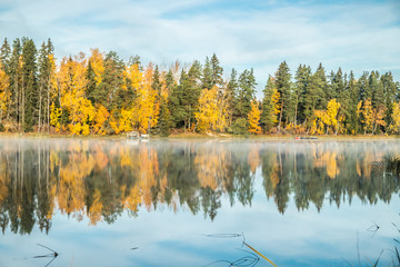 Beautiful autumn landscape of Kymijoki river waters. Finland, Kymenlaakso, Kouvola