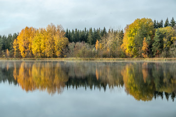 Beautiful autumn landscape of Kymijoki river waters. Finland, Kymenlaakso, Kouvola