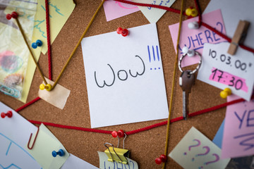 Close-up view of a detective board with evidence. In the center is a white sheet attached with a red pin with the text Wow