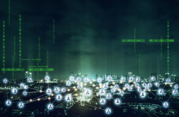 Network and Connection technology concept with city background